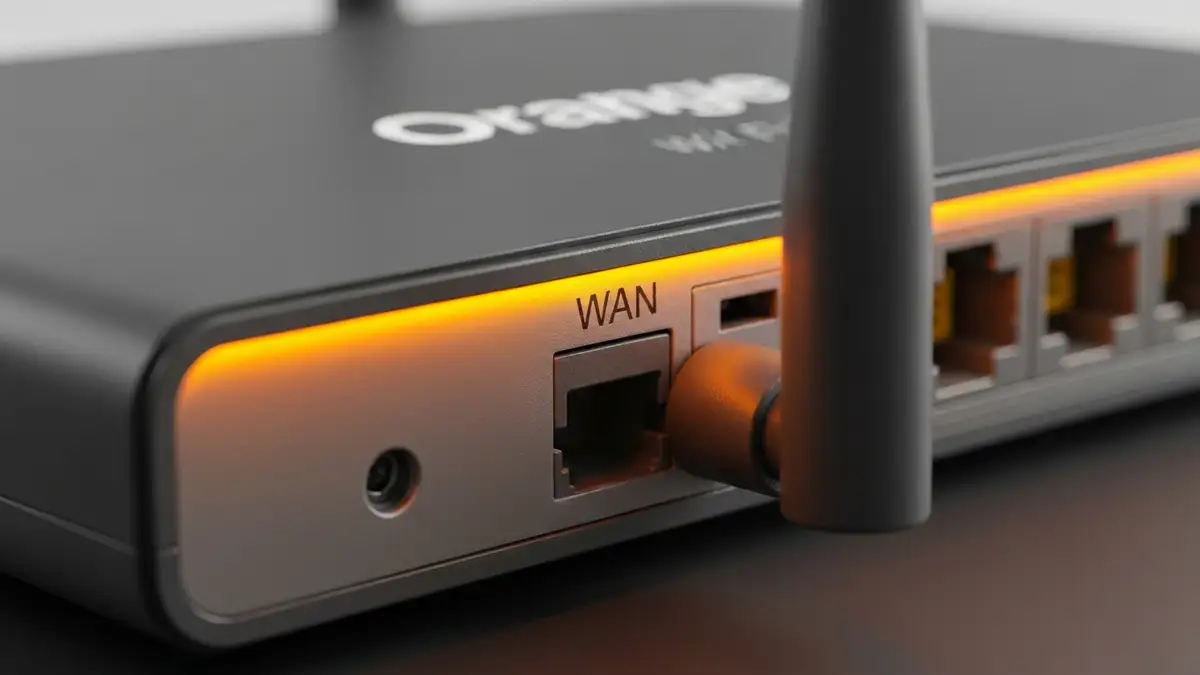 Zbliżenie na router z pomarańczowo świecącą diodą internetową