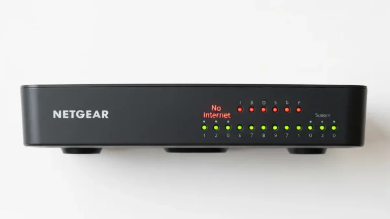 Router Netgear z diodami LED wskazującymi brak połączenia internetowego