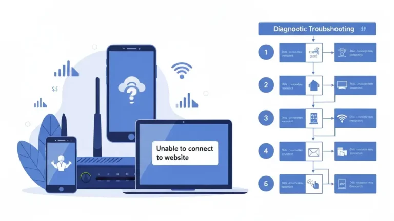 Router ze wskaźnikami sygnału WiFi, ekran panelu routera z ustawieniami DNS, schematyczna diagnoza problemu z dostępem do stron internetowych