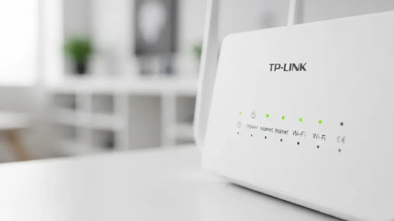 Router TP-Link z podświetlonymi diodami LED pokazującymi status połączenia internetowego