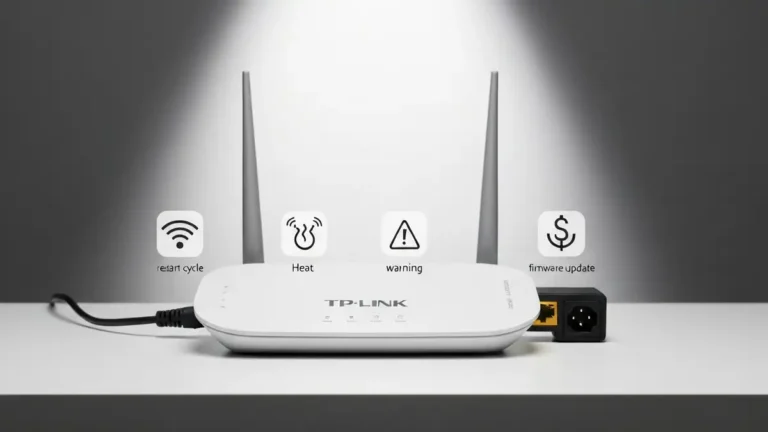 Router TP-Link wyświetlający objawy samoistnych restartów - podświetlone diody LED, złącze zasilania i kable sieciowe