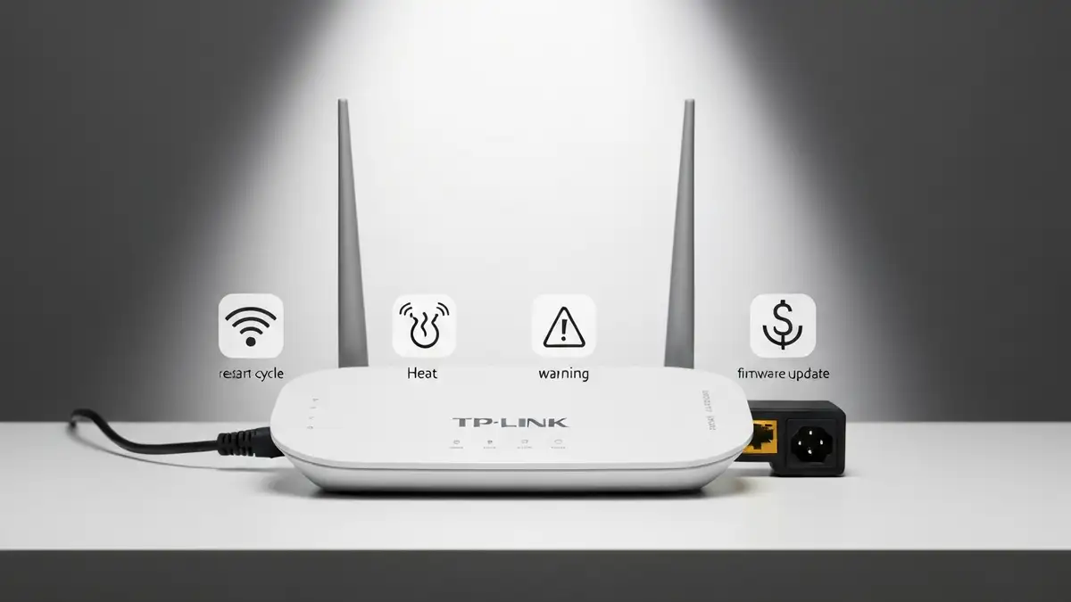 Router TP-Link wyświetlający objawy samoistnych restartów - podświetlone diody LED, złącze zasilania i kable sieciowe