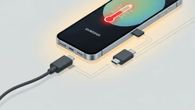 Samsung Galaxy S24 podłączony do ładowarki wyświetlający ostrzeżenie o temperaturze