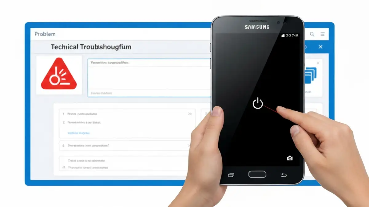 Samsung Galaxy Tab z czarnym ekranem i ikoną problemu, ręka dotyka przycisku zasilania