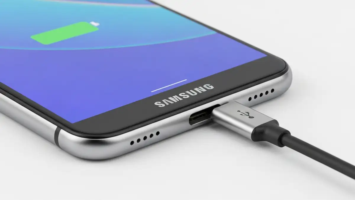 Smartfon Samsung z portem USB-C przy dnie telefonu, kabel USB-C wkładany do złącza, ikonka ładowania na ekranie