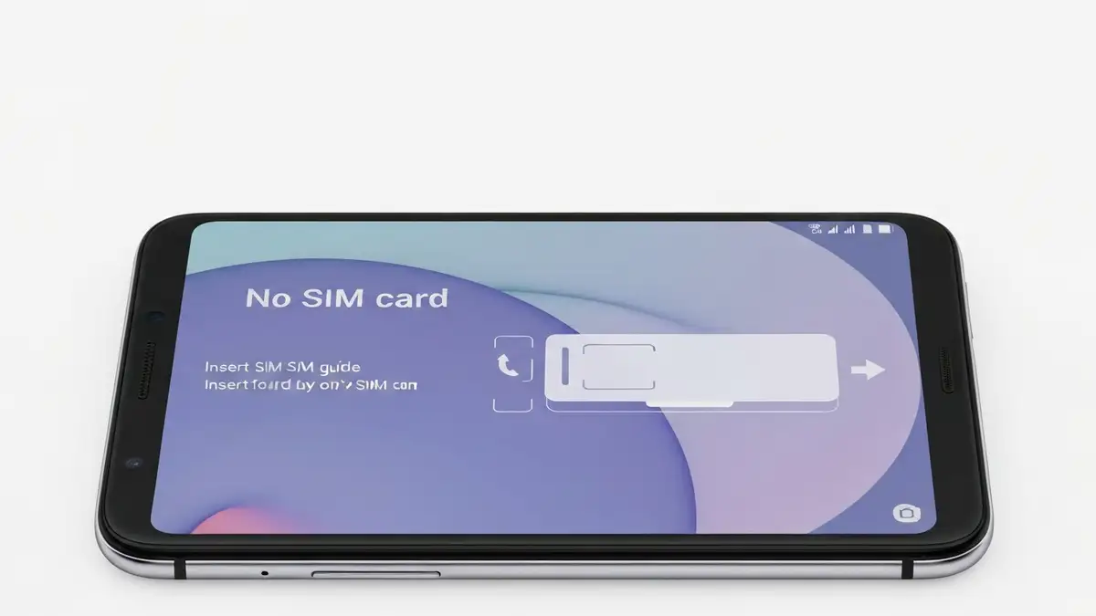 Ekran telefonu Samsung pokazujący komunikat brak karty SIM z opcjami wstawiania karty