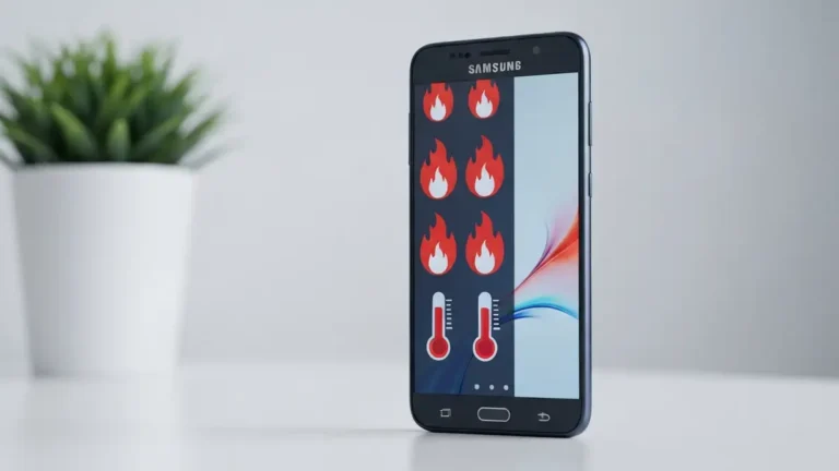 Samsung leżący na biurku z ikonami termometru i ognia wskazującymi na przegrzanie telefonu
