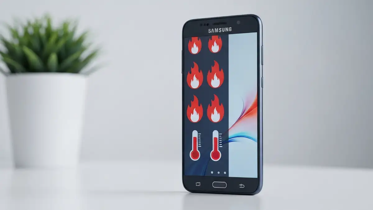Samsung leżący na biurku z ikonami termometru i ognia wskazującymi na przegrzanie telefonu