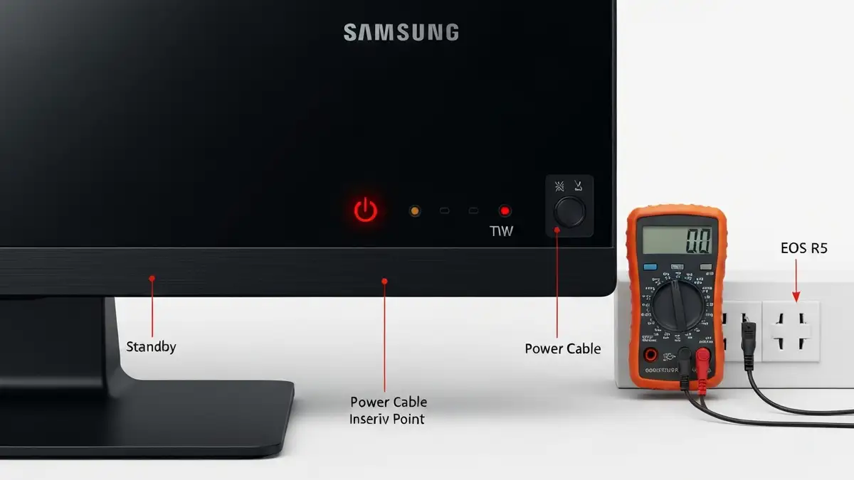 Samsung Smart TV z migającą czerwoną diodą, panel zasilania, złącze przewodu zasilającego