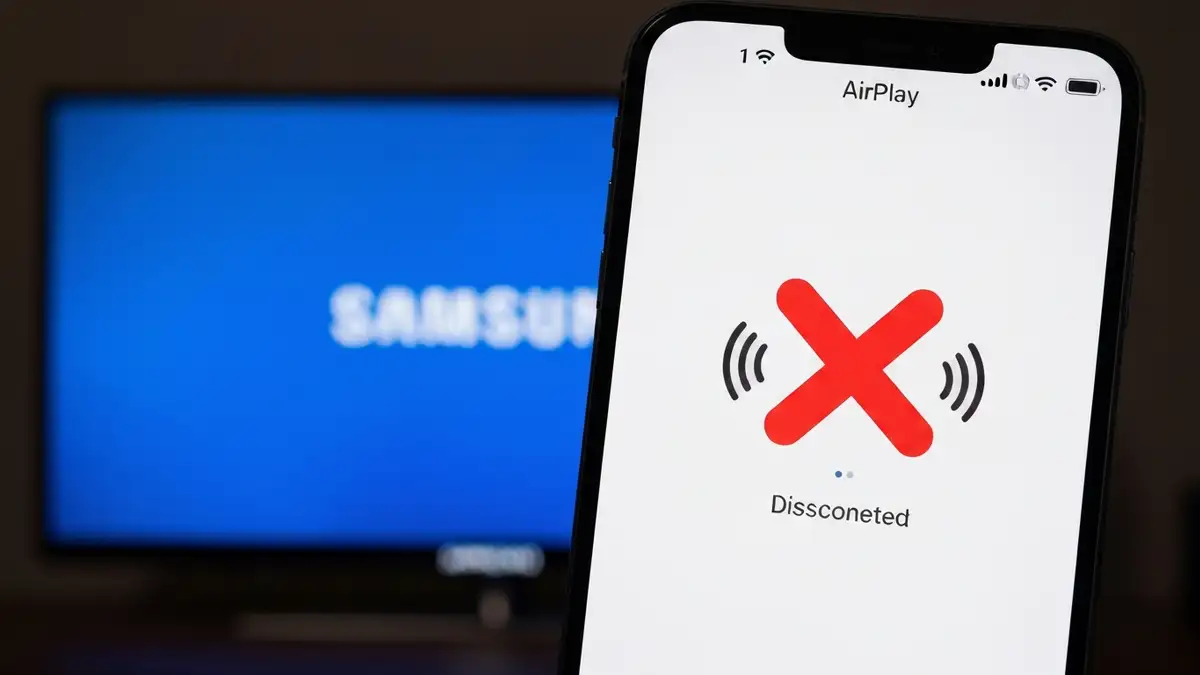 Ikona AirPlay na ekranie iPhone z telewizorem Samsung w tle, błąd połączenia