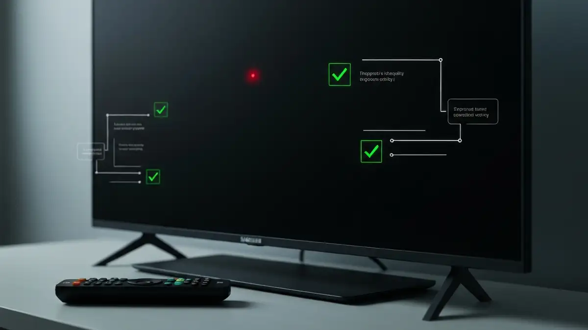 Telewizor Samsung z czarnym ekranem i podświetloną diodą pilota, schematyczne przedstawienie diagnostyki