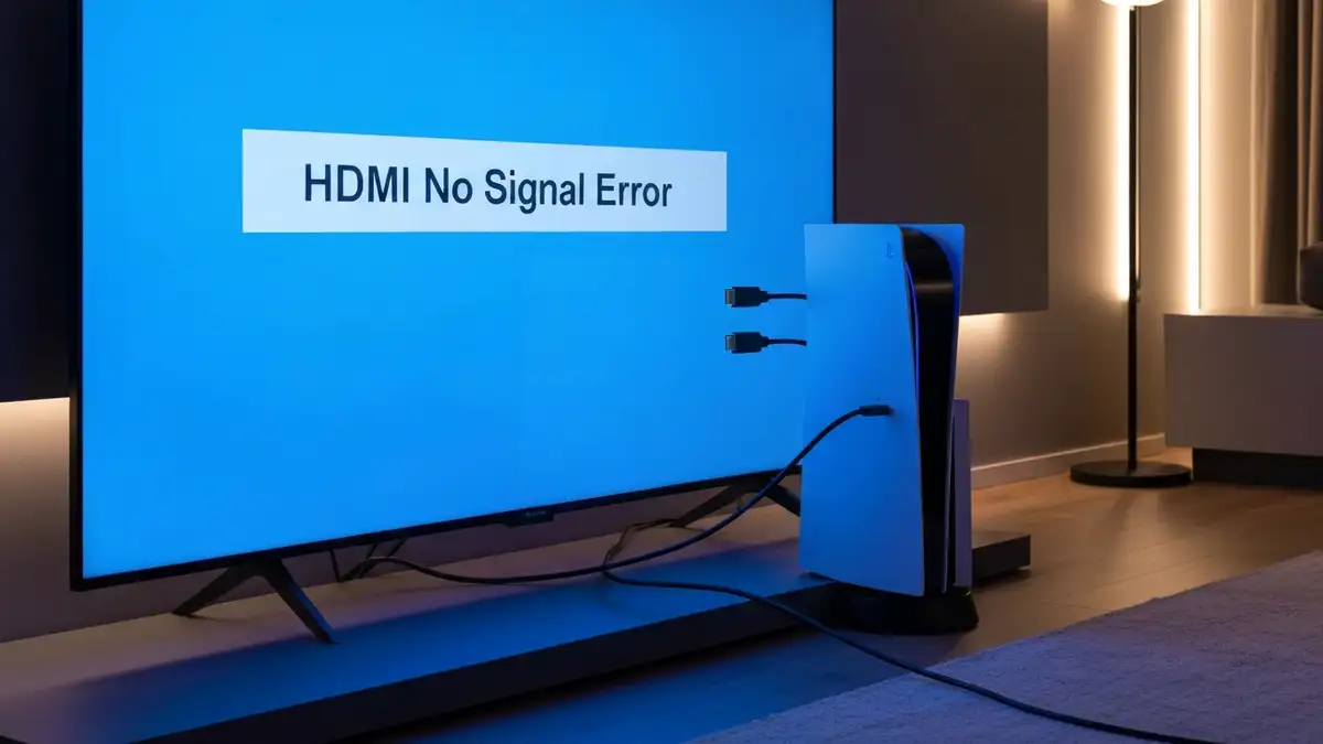 Telewizor Samsung z konsolą PlayStation połączoną kablem HDMI, wyświetlający ekran braku sygnału