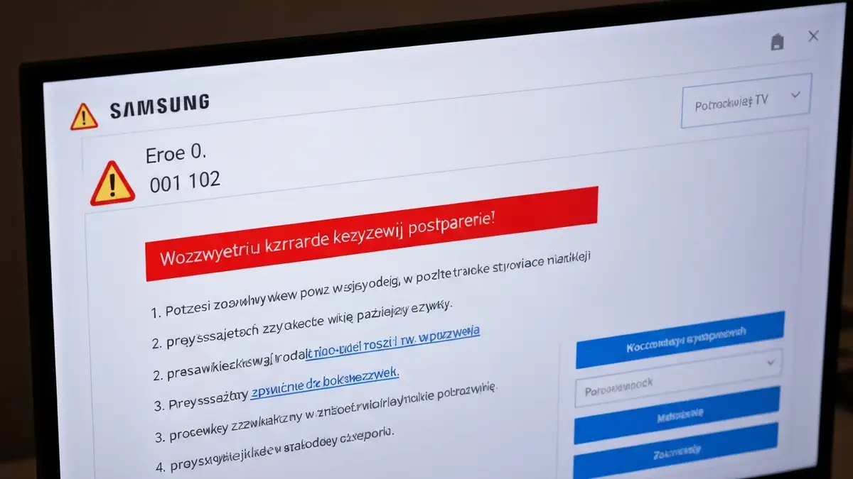 Ekran Samsung TV wyświetlający kod błędu 0, 001 lub 102 z symbolem ostrzeżenia