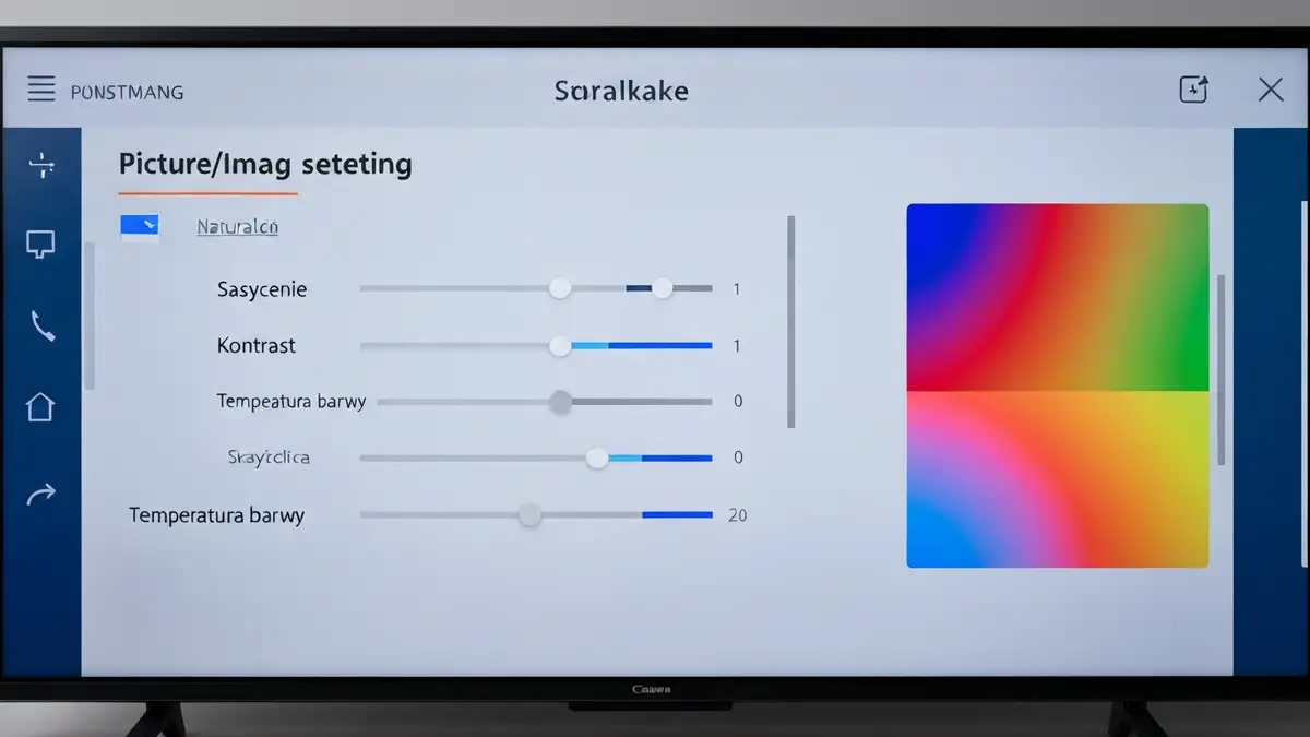 Samsung TV z ustawieniami kalibracji kolorów w menu Obraz, pokazujący suwaki Nasycenia, Kontrastu i Temperatury barwy