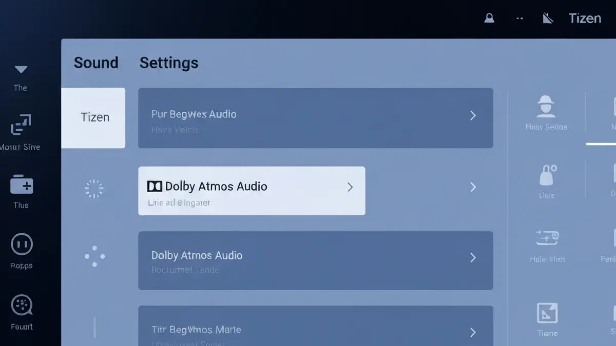 Ekran menu Samsung TV z ustawieniami Dolby Atmos na panelu dźwięku