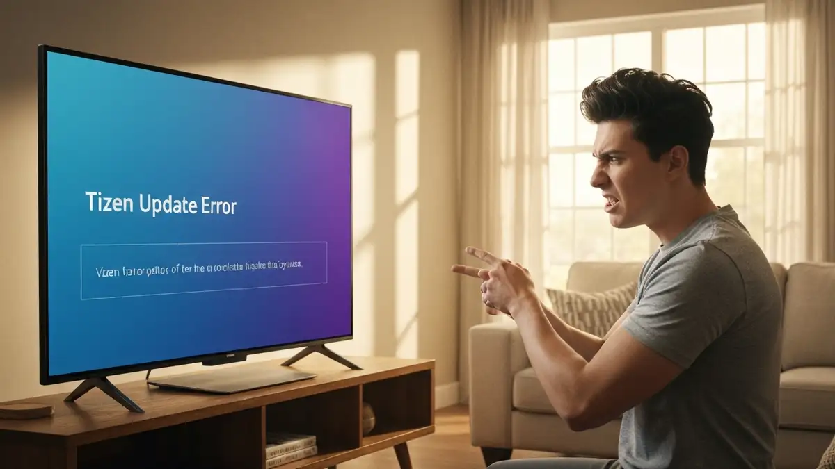 Telewizor Samsung z komunikatem błędu aktualizacji Tizen na ekranie