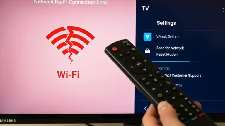 Samsung Smart TV z widocznym symbolem WiFi i ikoną błędu połączenia sieciowego
