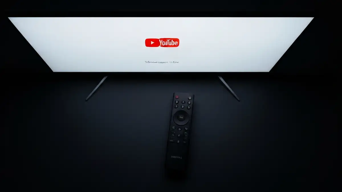 Ekran Samsung TV z komunikatem błędu YouTube i ikoną warningów