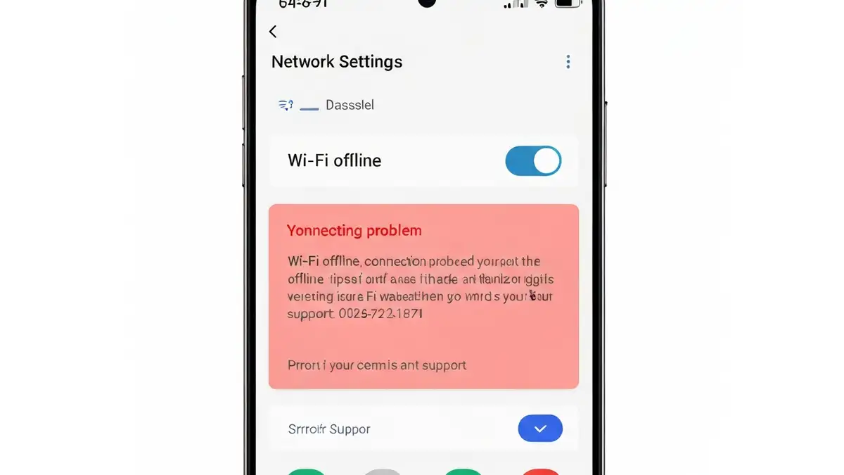 Ekran Samsung One UI z ikoną Wi-Fi offline i menu ustawień połączeń