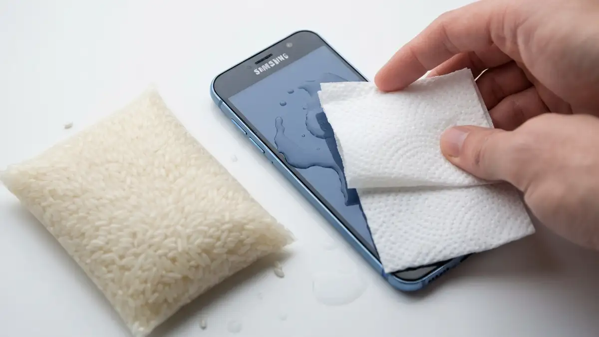 Mokry telefon Samsung obok papieru absorbującego i worka ryżu