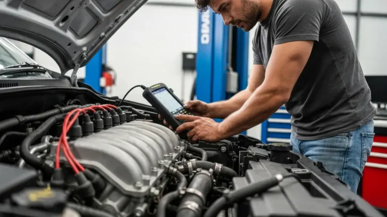 Silnik samochodu z widocznymi przewodami zapłonowymi i przepustnicą, mechanic diagnostyka