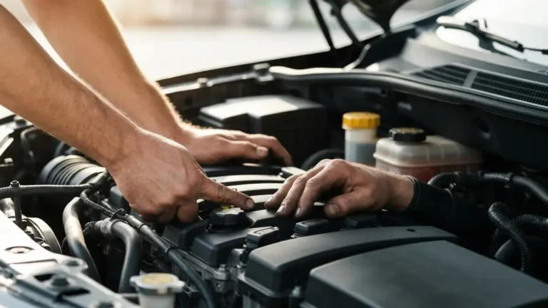 Mechanik sprawdza drżący silnik samochodu – diagnoza warczenia na biegu jałowym