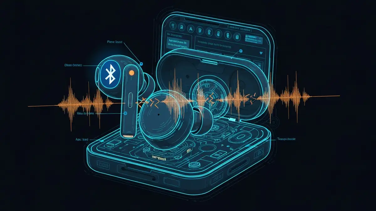 Bezprzewodowe słuchawki z symbolem Bluetooth i przerywanym falami dźwięku