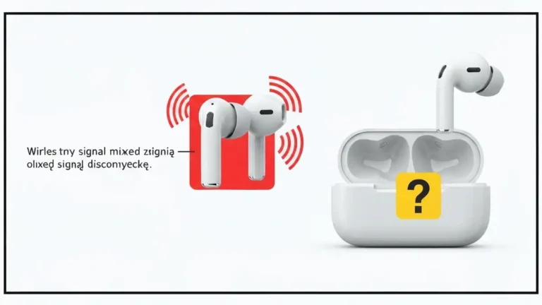Dwie bezprzewodowe słuchawki Bluetooth z zmieszanymi ikonami sygnału i znaku pytania, symbolizujące problem rozłączania się