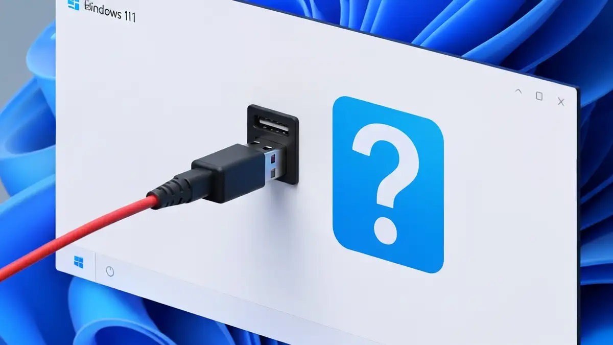 Słuchawki USB podłączone do portu USB komputera z ikoną pytania – symbol problemu z nierozpoznawanym urządzeniem