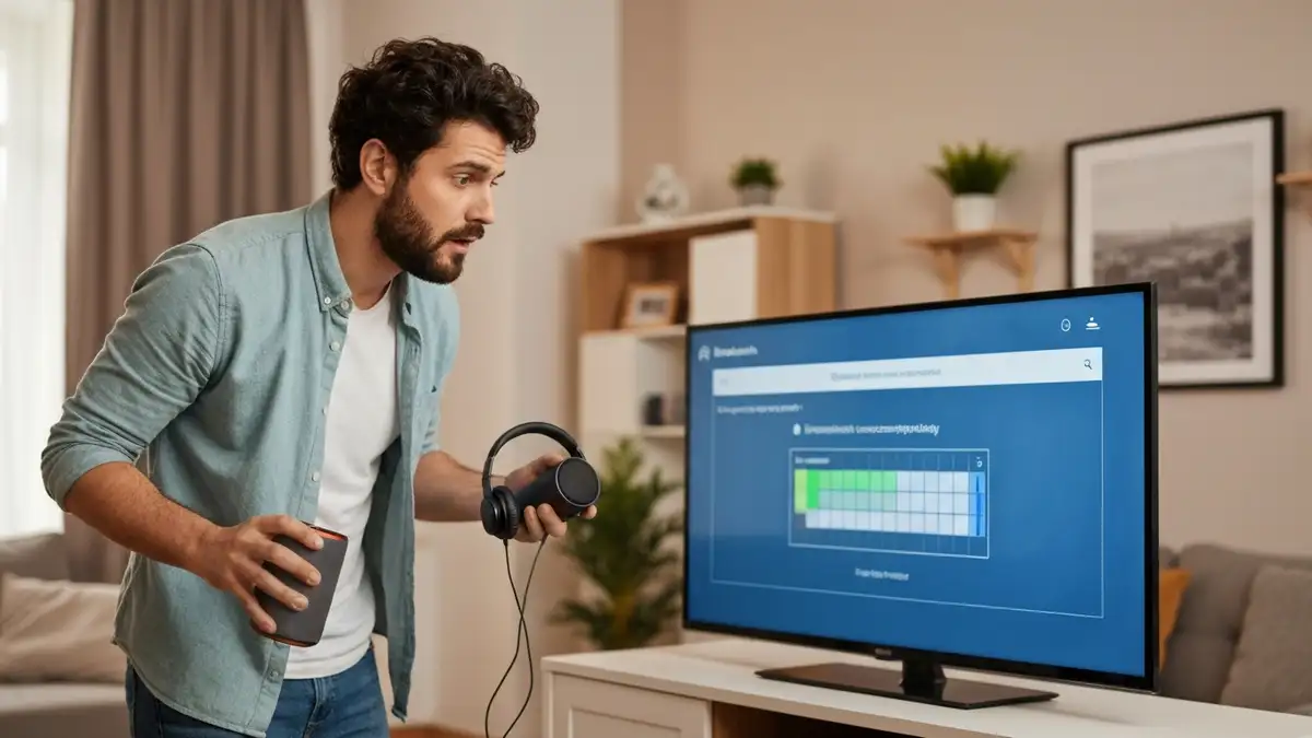 Telewizor Smart TV z wyświetlonym menu ustawień Bluetooth i ikoną warunku błędu połączenia