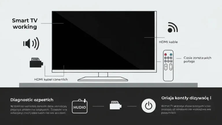 Smart TV z czarnym ekranem, słownie po boku "dźwięk działa", ikony diagnostyczne: kabel HDMI, pilot, przycisk zasilania
