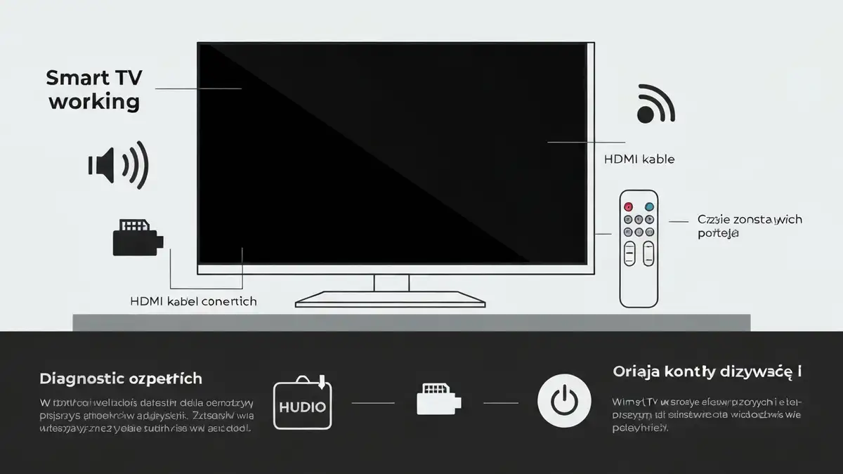 Smart TV z czarnym ekranem, słownie po boku "dźwięk działa", ikony diagnostyczne: kabel HDMI, pilot, przycisk zasilania
