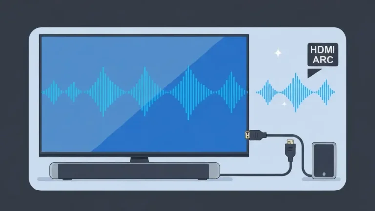 Smart TV z podłączonym soundbarem przez kabel HDMI z symbolem ARC i dźwięku