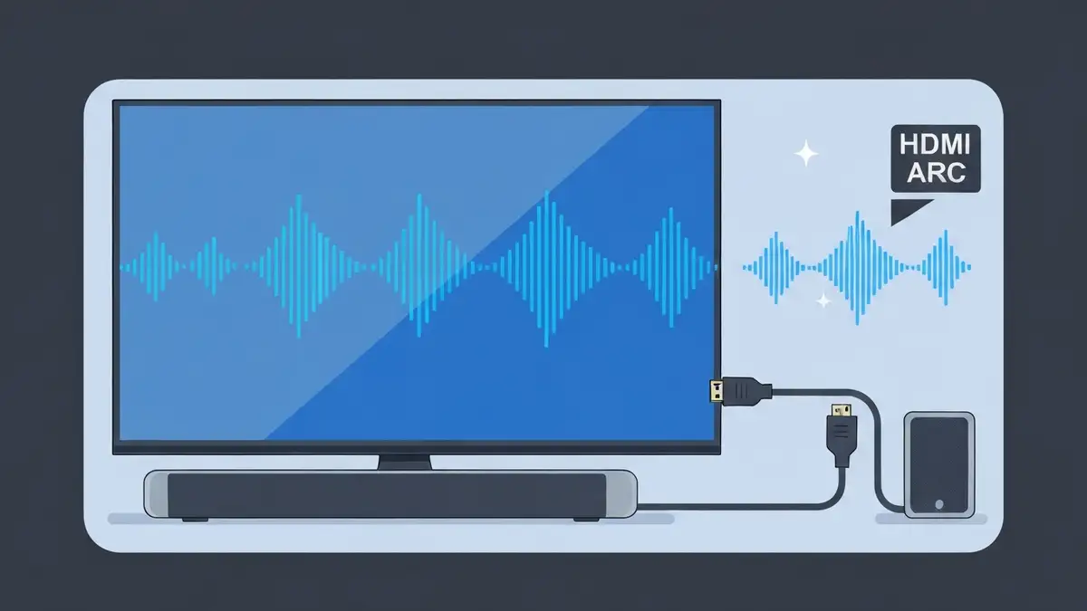 Smart TV z podłączonym soundbarem przez kabel HDMI z symbolem ARC i dźwięku