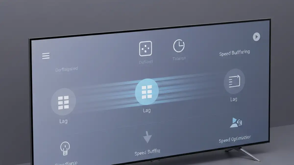 Smart TV z ikoną prędkości i ekranem pokazującym lagowanie