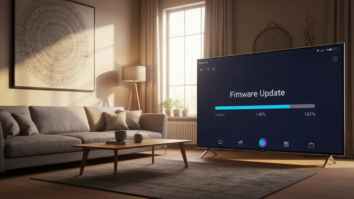 Ekran smart TV pokazujący menu aktualizacji firmware z paskiem postępu ładowania