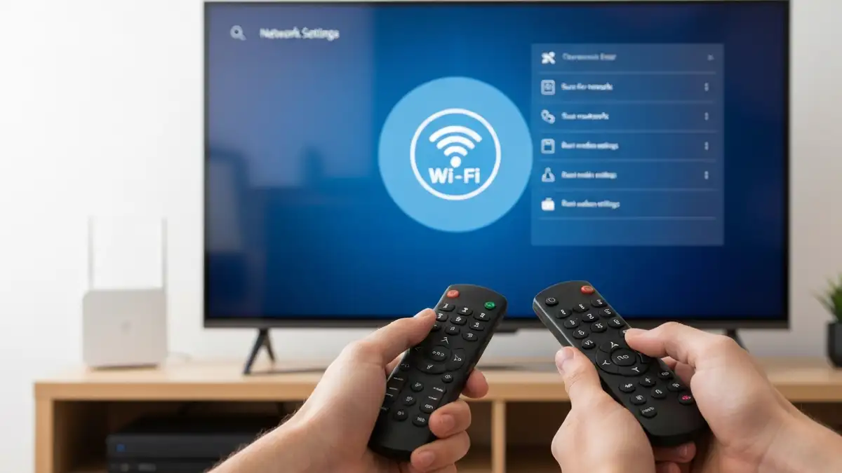 Smart TV z wyświetloną ikoną WiFi i problemem łączenia się z internetem, router w tle, ustawienia sieciowe na ekranie
