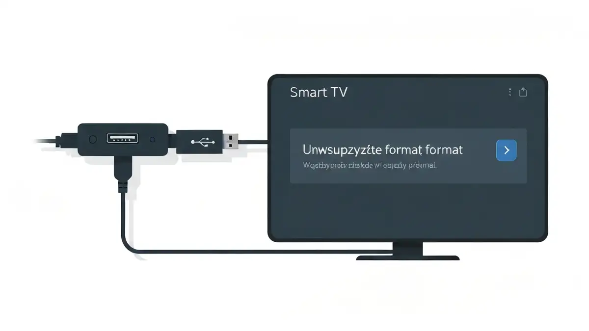Schemat połączenia Smart TV z pendrive'em USB i ekran błędu odtwarzania wideo