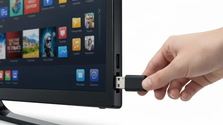 Smart TV z podłączoną pamięcią USB w porcie bocznym, ekran telewizora wyświetla menu multimediów z ikoną folderu