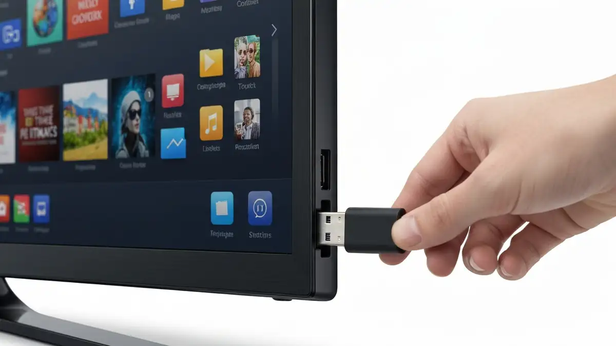 Smart TV z podłączoną pamięcią USB w porcie bocznym, ekran telewizora wyświetla menu multimediów z ikoną folderu