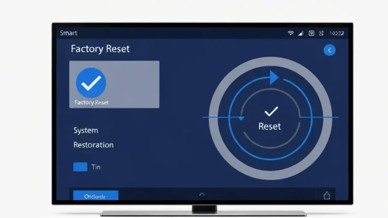 Smart TV z ikoną resetu i strzałkami wskazującymi przywrócenie ustawień fabrycznych