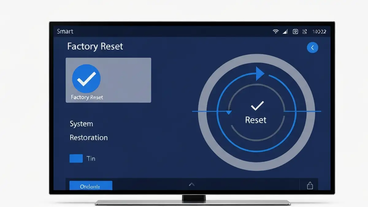Smart TV z ikoną resetu i strzałkami wskazującymi przywrócenie ustawień fabrycznych