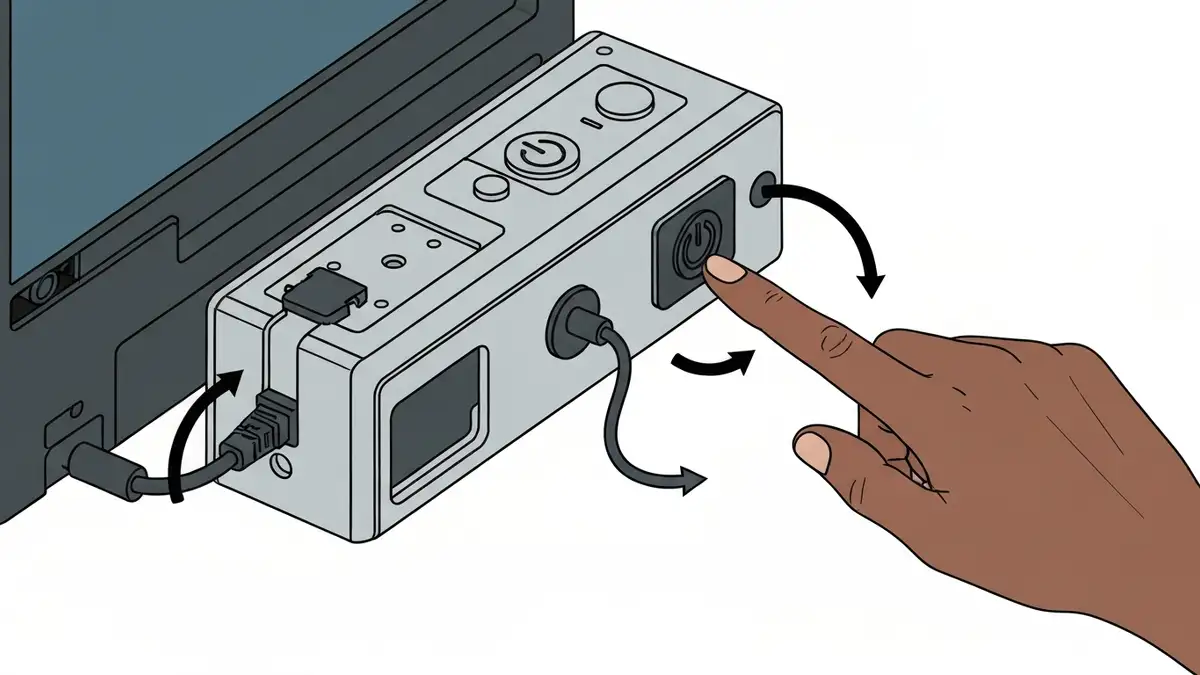 Ilustracja Smart TV z zakrzywionymi strzałkami wskazującymi przycisk zasilania i złącze zasilania