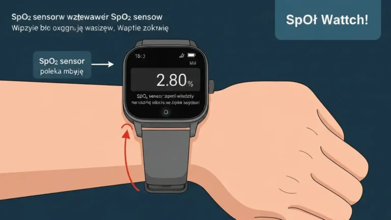 Smartwatch na ręce ze wskazaniem położenia czujnika SpO2 oraz ilustracją pomiaru saturacji tlenu