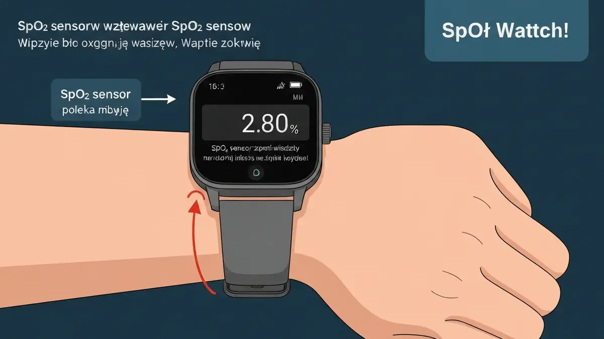Smartwatch na ręce ze wskazaniem położenia czujnika SpO2 oraz ilustracją pomiaru saturacji tlenu