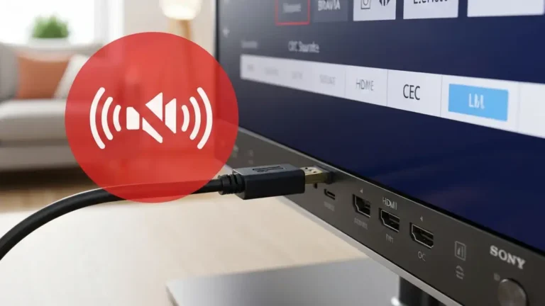 Telewizor Sony Bravia z czeronym ikoną braku dźwięku i kabel HDMI podłączony do portu TV