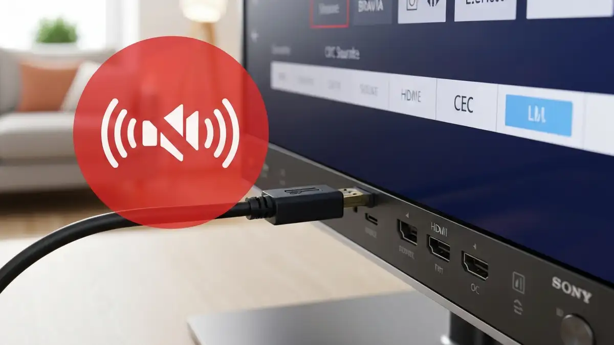 Telewizor Sony Bravia z czeronym ikoną braku dźwięku i kabel HDMI podłączony do portu TV