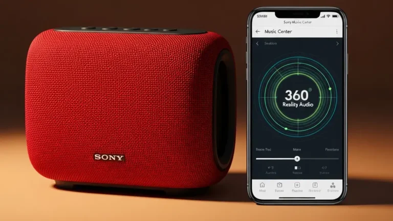 Głośnik Sony SRS z włączonym dźwiękiem przestrzennym 360 Reality Audio i interfejsem Sony Music Center na smartfonie