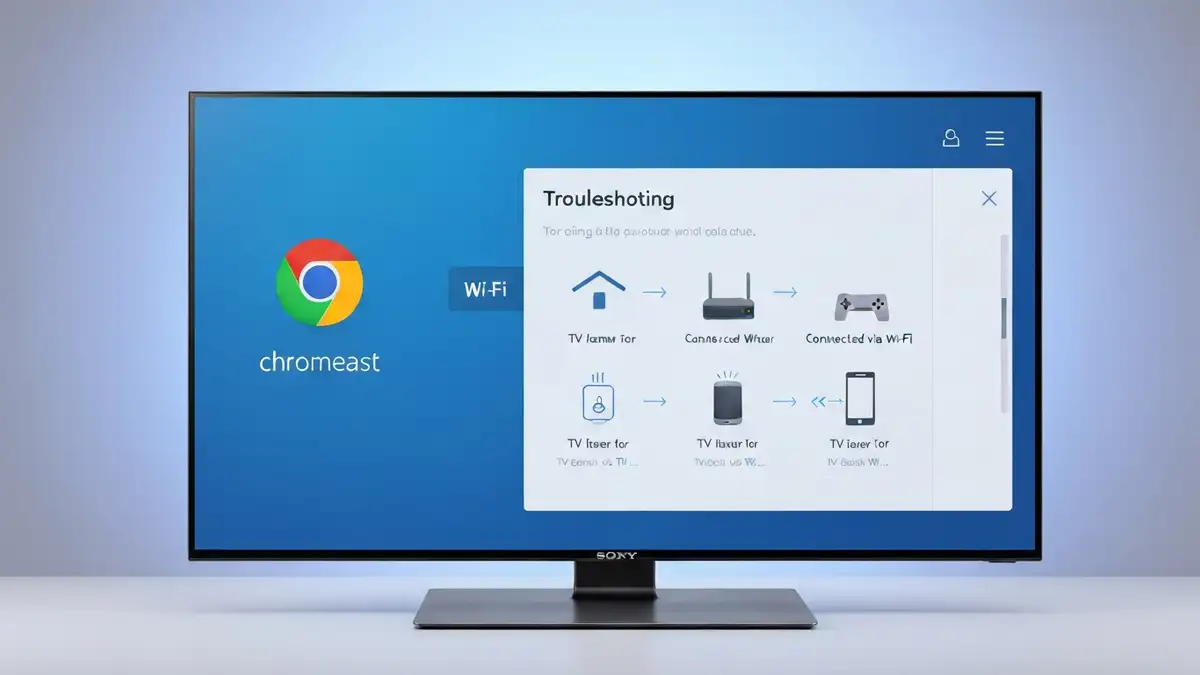 Telewizor Sony z wbudowanym Chromecast wyświetlający ekran troubleshootingu i symbole WiFi