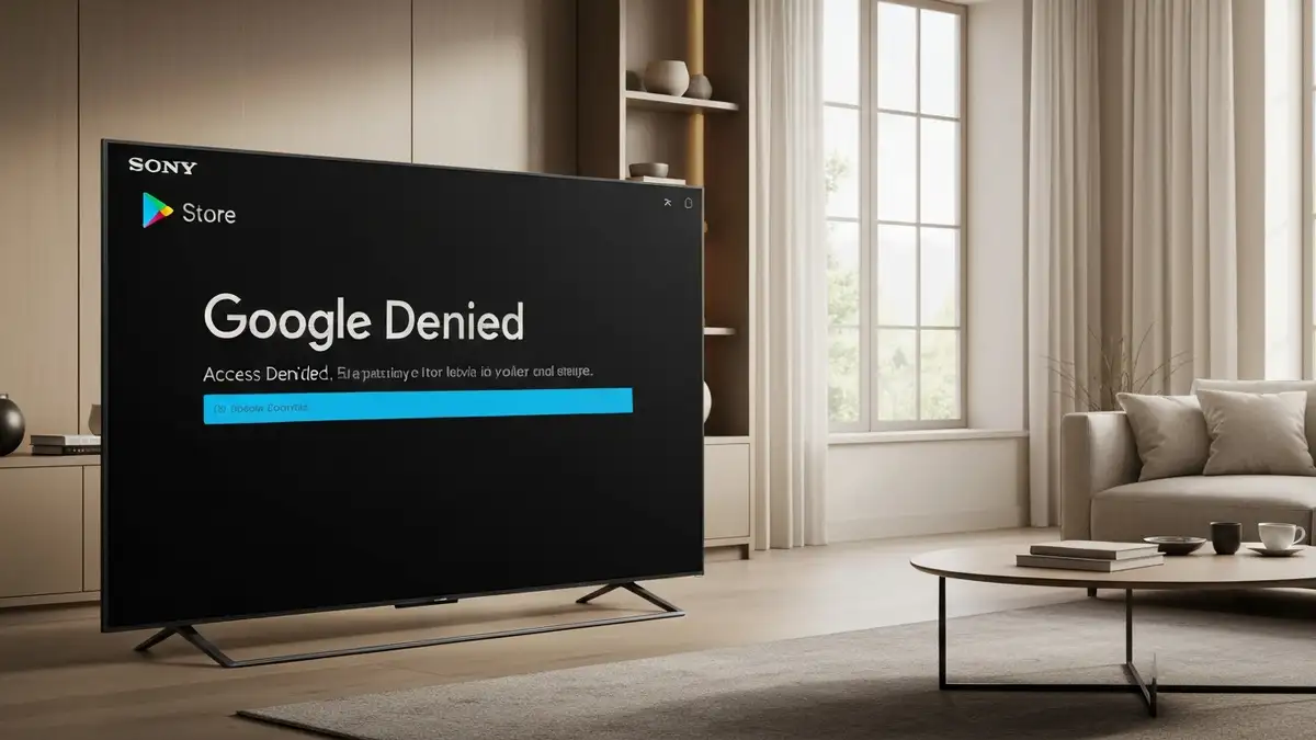Ekran błędu Google Play Store na telewizorze Sony z komunikatem braku dostępu do aplikacji